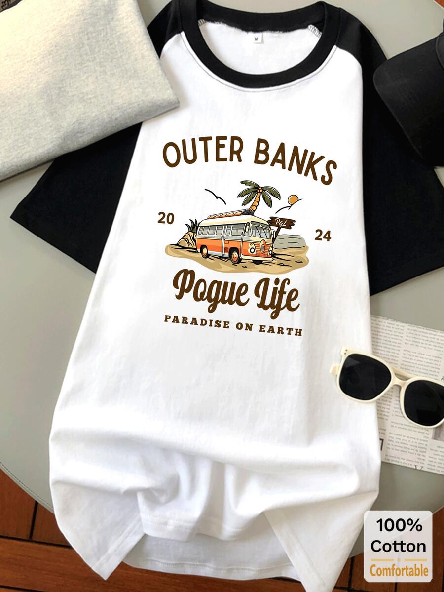 女士夏季休闲汽车印花短袖中长款T恤，时尚黑白上衣 - 黑拼白 - 查看 1