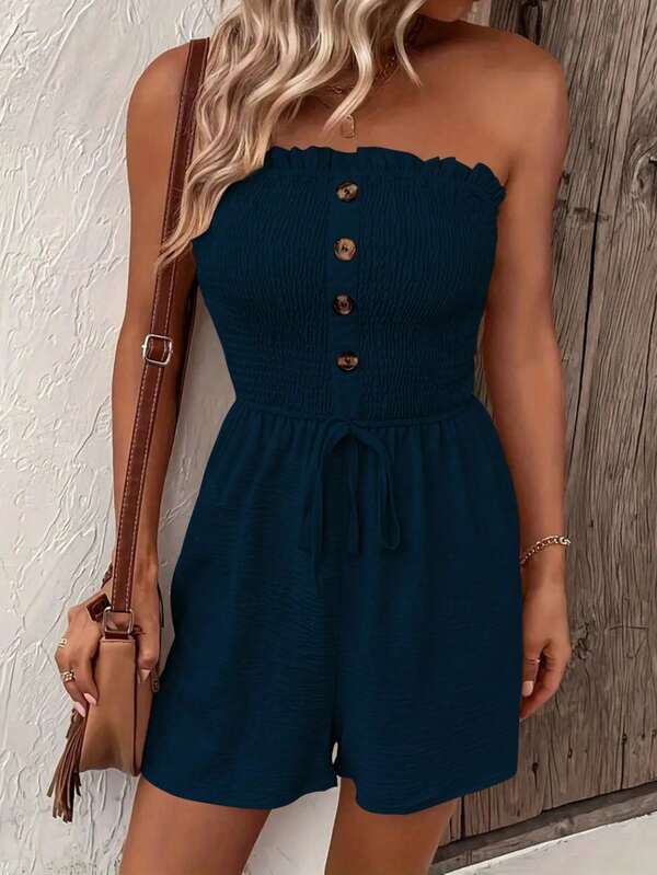 Damen einfarbiger Jumpsuit mit Rüschensaum und Knopfdesign, sommerlich elegant