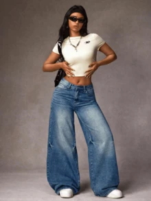 Women's Casual Denim Jeans, Spring Fashion Denim Pants Suitable For All Seasons, Wide Leg Fit, High Waist, Full Length, Casual Outdoor Pants, Simple Style, Suitable For Daily Wear, Valentine's Day Essential Women's Pants Jeans Single Item Gift - Màu xanh lam - Xem 2