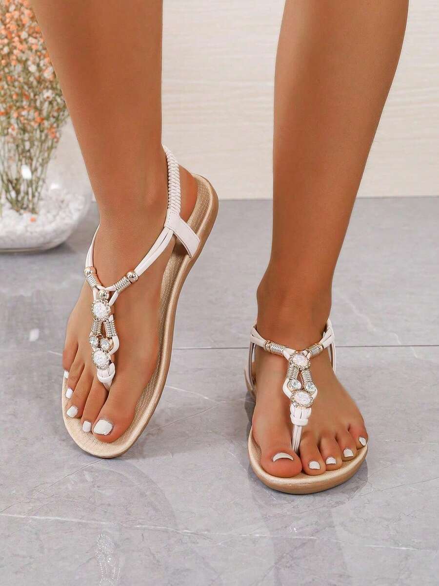 2026新款斋月女鞋，波西米亚风沙滩度假平底人字拖，串珠水钻人字拖沙滩女鞋，人字拖 - 米色 - 查看 1