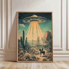 1 szt. Plakat ścienny w stylu vintage, styl dekoracyjny retro, klasyczny nowoczesny obraz na płótnie z UFO i kowbojem na koniu, plakat z krajobrazem w ramie z żywicy, z ramą lub bez, dekoracja pokoju, wystrój domu, wystrój akademika, hotelu, domu, salonu, sypialni, łazienki i biura