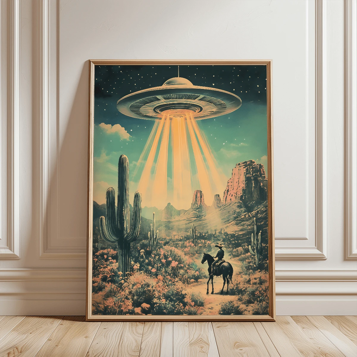 1 szt. Plakat ścienny w stylu vintage, styl dekoracyjny retro, klasyczny nowoczesny obraz na płótnie z UFO i kowbojem na koniu, plakat z krajobrazem w ramie z żywicy, z ramą lub bez, dekoracja pokoju, wystrój domu, wystrój akademika, hotelu, domu, salonu, sypialni, łazienki i biura