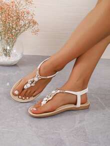 2026新款斋月女鞋，波西米亚风沙滩度假平底人字拖，串珠水钻人字拖沙滩女鞋，人字拖 - 米色 - 查看 3