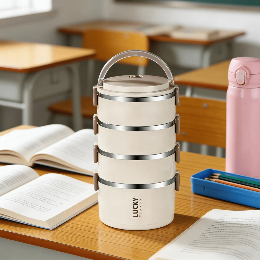 4 Layer Portable Lunch Box Stainless Steel Lunch Box, Large Capacity Portable And Convenient Square Box, Multi-Layer Design Lunch Box, Suitable For Home, School And Office. - Trắng 4 lớp - Xem 1