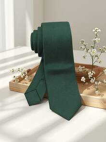 1条男士纯色橄榄绿条纹纹理轻薄领带，适合商务、婚礼、日常、学校着装 - 墨綠色 - 查看 1