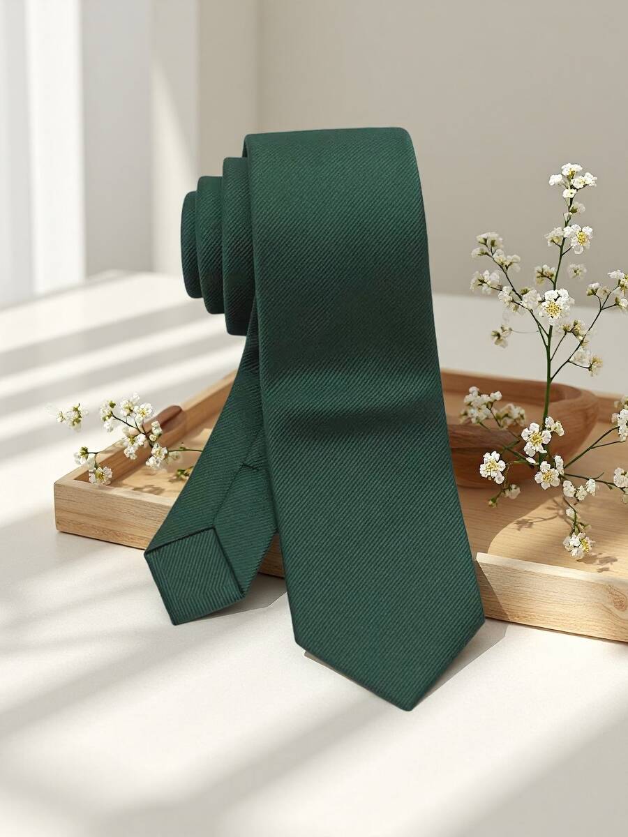 1条男士纯色橄榄绿条纹纹理轻薄领带，适合商务、婚礼、日常、学校着装 - 墨綠色 - 查看 1