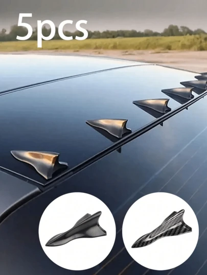 5pcs Carbon Fiber Shark Fin Shaped Car Roof Decor Kit, Black Vehicle Exterior Accessories Fit For Roof And Bumper, Easy Adhesive Body Decoration, Durable Waterproof Car Accessories For Sedan, SUV And Truck, Perfect For Car Enthusiasts And Valentine's Day Gift