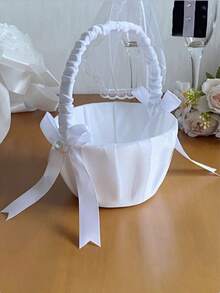 1个白色花瓣篮，缎带蝴蝶结花篮，适合婚礼 - 彩色 - 查看 5