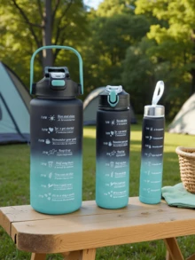 3pcs/Set High Capacity Water Bottle, Sports & Fitness Straw Cup With Scale, Portable Summer Outdoor Water Bottle - Black and Blue - View 2