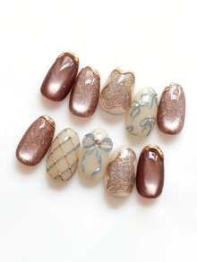 10pcs Pure Handmade Press On Nails Long Oval Nail Brown Beige And Blue Cat Eye Nails With Bow Fancy Cute Pain Y2k Gentle Shiny Elegant For Women And Girls,Spring Summer Fall Winter,Holiday And Daily Life Use - Brown - View 2