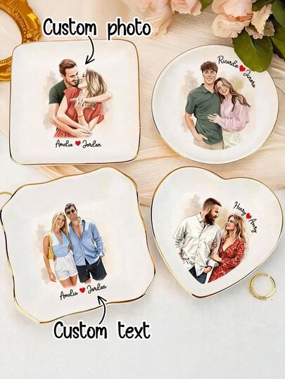 1 Stück personalisierter keramischer Aquarellphoto-Paarrahmen: Foto-Ring-Teller Dekoration, Valentinstag Geschenk für Freundin, Geschenk für Ehefrau, Ring-Halter-Tablett, Foto-Ring-Ständer für Mutter, Geschenk für beste Freundin, Foto-Ornament-Tablett
