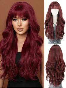30 Inch Burgundy Women's Long Wavy Wig With Bangs, Matte High Temperature Fiber Wig, Suitable For Cosplay, Party, Daily Wear, Synthetic Hair - Multicolor - View 12