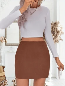 Imily Bela Wenrine Womens Corduroy Mini Skirt High Waisted Basic Casual A-Line Short Fall Winter Outdoor Exercise Skirts - 紅木色 - 查看 4