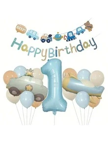 32-Inch Light Blue Matte Vintage Airplane & Car Number Balloon Set, Birthday Party Decoration, Scene Layout, Photo Props - Baby Blue - View 4