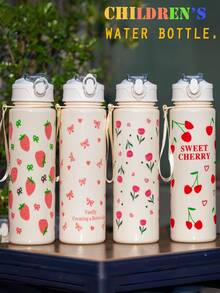 750ml Children's Water Bottle, Cute Straw Cup Gift For Girls & Boys, Suitable For Outdoor, School, Sports, Graduation, Butterfly & Cherry Heart Design, Portable - Multicolor - View 1