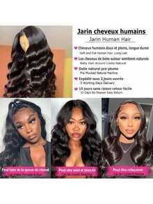 Leteme Perruque ondulée Body Wave 13x4 13x6, perruque frontale en dentelle transparente, cheveux humains brésiliens pré-épilés, nœuds blanchis, dentelle suisse, densité 180, pour femmes - Natural Black - Voir 8