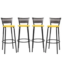 Set Of 4 High Stools With Black Frame And Gradient Wicker Backrest - Ideal For Counters, Islands, Worktops, Gourmet Areas, Bars, American Kitchens, And Pools - Yellow Seat - View 7