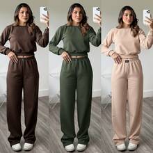 Women's Fleece Set: Long-Sleeved Cropped Sweatshirt In Fleece/Velvet Fabric (No Embroidery) + Wide-Leg Pants - Negro - Ver 6