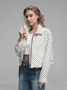 HZXVIC Women's Autumn New Polka Dot Mesh Drawstring Zipper Ribbed Collegiate Stand Collar Jacket - White - View 3