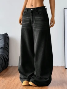 Women's Casual Denim Jeans (Couple Style - Wide Leg Pants), Spring Fashion Denim Pants Suitable For All Seasons, Oversized Charcoal Gray, High Waist, Full Length, Casual Outdoor Pants, Multi-Functional Daily Wear, Valentine's Day Essential Women's Fashion Jeans Single Item Gift, Suitable For Family Leisure, Slimming For Teenagers To Adults, Minimalist Design, Durable Jeans - 黑色*昇級旗艦款 - 查看 5