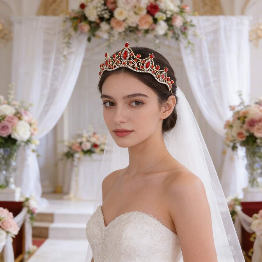 تاج شريط للرأس للبنات، شريط شعر مرصع بالكريستال والراين، إكسسوار أنيق على طراز الأميرة، إكسسوارات شعر للزفاف - الأحمر - مشاهدة 1