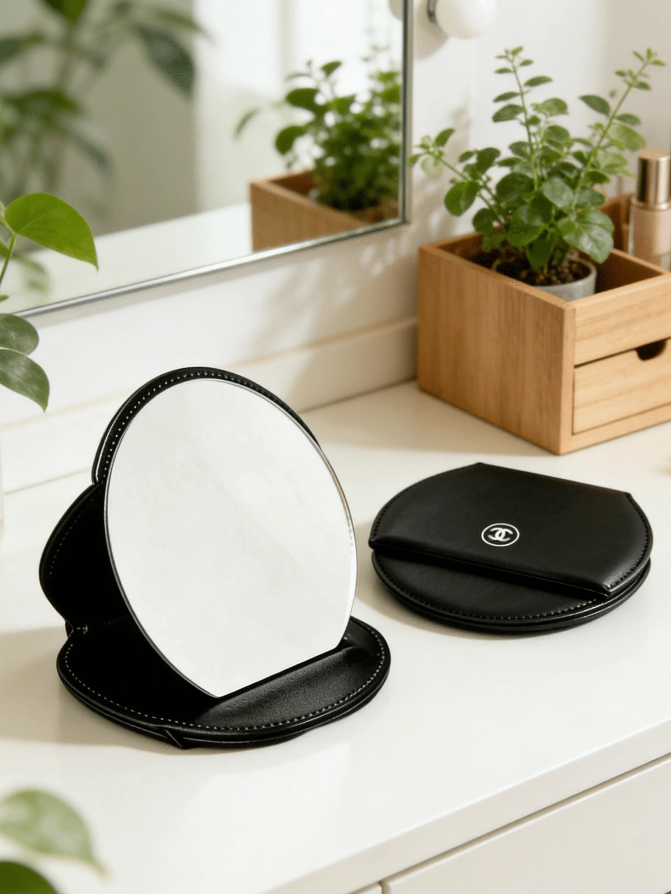 CHANEL 黑色皮革化妆镜，折叠镜，立式镜，便携式，化妆镜，优雅 - 黑色 - 查看 1
