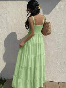 Kliou Fashion Elegant Women's Long Lace Dress With Adjustable Straps And Elastic Waist At The Back, Boho Summer Vacation Style - Màu xanh Bạc hà - Xem 3