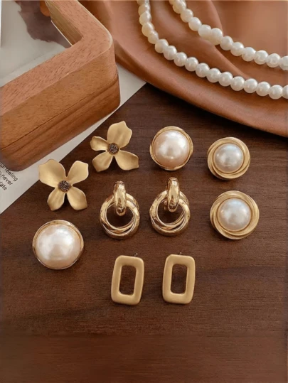 5 Pairs Luxury Geometric Faux Pearl Stud Earrings, Delicate Minimalist Floral Earring Set, Suitable For Women's Daily And Holiday Wear