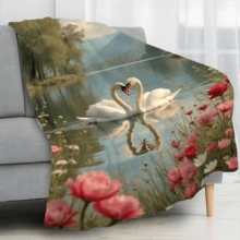 1pc French Oil Painting Floral Swan Throw Blanket - Soft Flannel All-Season Cozy Bedspread With  Lake & Floral Scene, 2D Flat Design For Living Room, Bedroom, Guest Room Decor - Holiday HomChristmas Theme, 2D Flat, Bedroom Accessory, Cottage - 如圖所示 - 查看 4