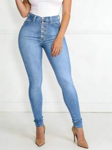 Quần jean skinny nữ dáng ôm, cài cúc phía trước, kiểu dáng thường ngày. - Rửa nhẹ - Xem 5