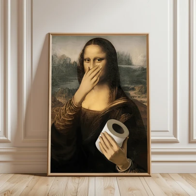 1幅复古趣味浴室蒙娜丽莎油画印刷品，经典装修海报，高清印刷，帆布印刷，墙面艺术，精美艺术品，适用于浴室、卧室、办公室墙面，节日礼物，新年装饰，经典装修艺术，复古海报，房间装饰，家居装饰，适用于客厅和卧室墙面装饰。