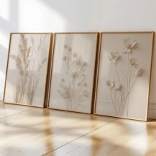 3件套现代墙面艺术海报，中性植物帆布墙画 - 简约花卉印花，米色调 - 现代自然装饰，带框或不带框均可，房间装饰，家居装饰，大学宿舍公寓装饰，酒店，家庭，客厅，卧室，浴室和办公室墙面装饰礼品