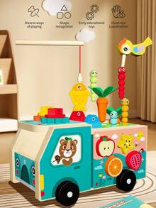 1 Set Multifunctional Wooden 5-In-1 Farm Truck | Shape Matching Game, Xylophone, Clock Recognition, Gear Game | Educational Puzzle Toy - Multicolor - View 3