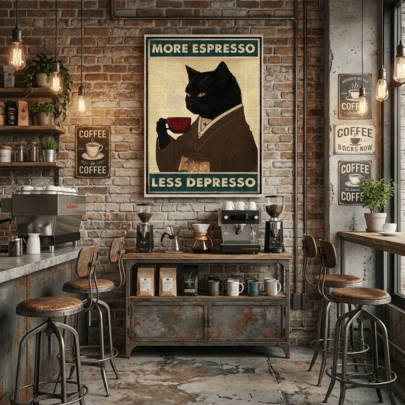 “浓缩咖啡猫”复古海报 - 咖啡主题帆布画，可选配画框，适用于客厅、厨房、办公室和咖啡店墙面的多房间装饰，家庭办公室和卧室的励志装饰，送给咖啡爱好者和咖啡师的礼物，幽默的咖啡师海报