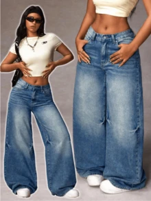 Women's Casual Denim Jeans, Spring Fashion Denim Pants Suitable For All Seasons, Wide Leg Fit, High Waist, Full Length, Casual Outdoor Pants, Simple Style, Suitable For Daily Wear, Valentine's Day Essential Women's Pants Jeans Single Item Gift - Màu xanh lam - Xem 1