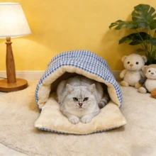 舒适冬季格子宠物洞穴床 - 可拆卸多功能保暖猫狗屋，蓝绿格子