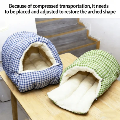 Comfortable Winter Plaid Pet Cave Bed - Removable Multi-Function Warm Cat/Dog House, Blue & Green Plaid