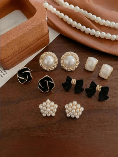 5 Pairs Fashionable Geometric Faux Pearl Stud Earrings, Vintage Minimalist Bow & Flower Earring Set, Suitable For Women Everyday And Festivals