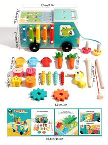 1 Set Multifunctional Wooden 5-In-1 Farm Truck | Shape Matching Game, Xylophone, Clock Recognition, Gear Game | Educational Puzzle Toy - Multicolor - View 12