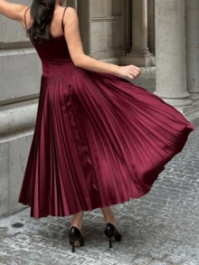 纯色优雅休闲褶皱连衣裙，适合婚礼、生日派对、约会、晚宴、情人节等夏季场合。 - 酒紅色 - 查看 5
