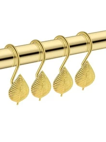 12 piezas de ganchos decorativos con forma de hoja dorada para cortina de ducha, accesorios de baño/cocina resistentes al óxido para decoración del baño - Dorado - Ver 5