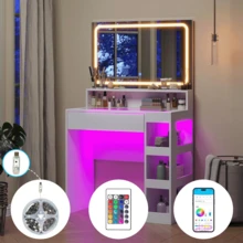 CollaredEagle Vanity Desk With Illuminated Mirror & Power Outlet, Bedroom Dresser LED Mirror Stepless Dimmable & 3 Color Modes Adjustable, LED Tempered Glass Top, Large-Capacity Storage Shelving - trắng - Xem 8