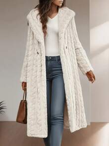 Women's Fabric Long Sleeve Regular Collar Warm Lined Casual Trench Coat - 米色(材質升級款) - 查看 1