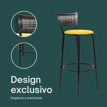 Set Of 4 High Stools With Black Frame And Gradient Wicker Backrest - Ideal For Counters, Islands, Worktops, Gourmet Areas, Bars, American Kitchens, And Pools - Yellow Seat - View 4