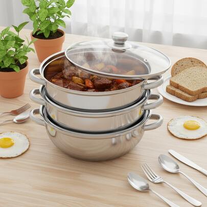 RibasuBB 3 Tier Steamer Hot Pot Stainless Steel Cooker Steam Pot Food Cooking + Glass Lid
