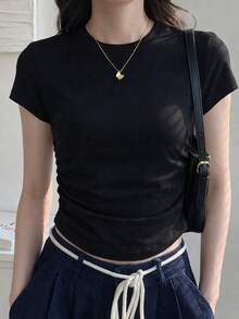 Women's T-Shirt With Ruched Waist, Short Sleeve Asymmetrical Hem Casual Blouse - Black - View 2