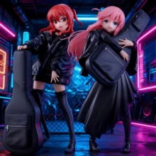 1个动漫摇滚女孩角色收藏手办 - 可爱风格PVC雕像，身穿黑色夹克，红/粉色头发，摆出动感姿势，配有吉他造型配件 - 粉丝展示手办 - 彩色 - 查看 3