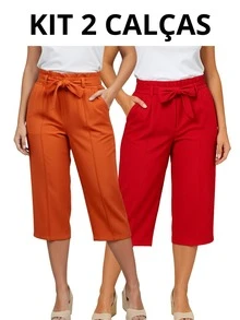 Tailored Pantacourt Trousers, Plain, High Waist, With Bow And Knot Pocket - 一組兩條紅色和橘色褲子 - 查看 2