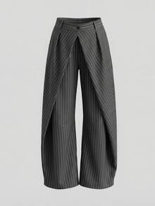 女士长款阔腿梭织裤，配有纽扣、拉链和口袋，无弹力，不透光，细条纹设计