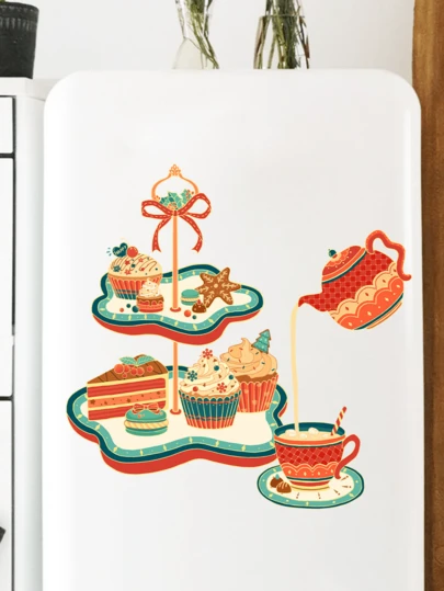 1pc Creative Afternoon Tea Dessert Refrigerator Magnet, Removable Matte Self-Adhesive Wall Sticker Decal For Living Room, Bedroom, Kids Room, Home Decor, Spring Decoration, Rama Decor Gift, Birthday/Graduation Present